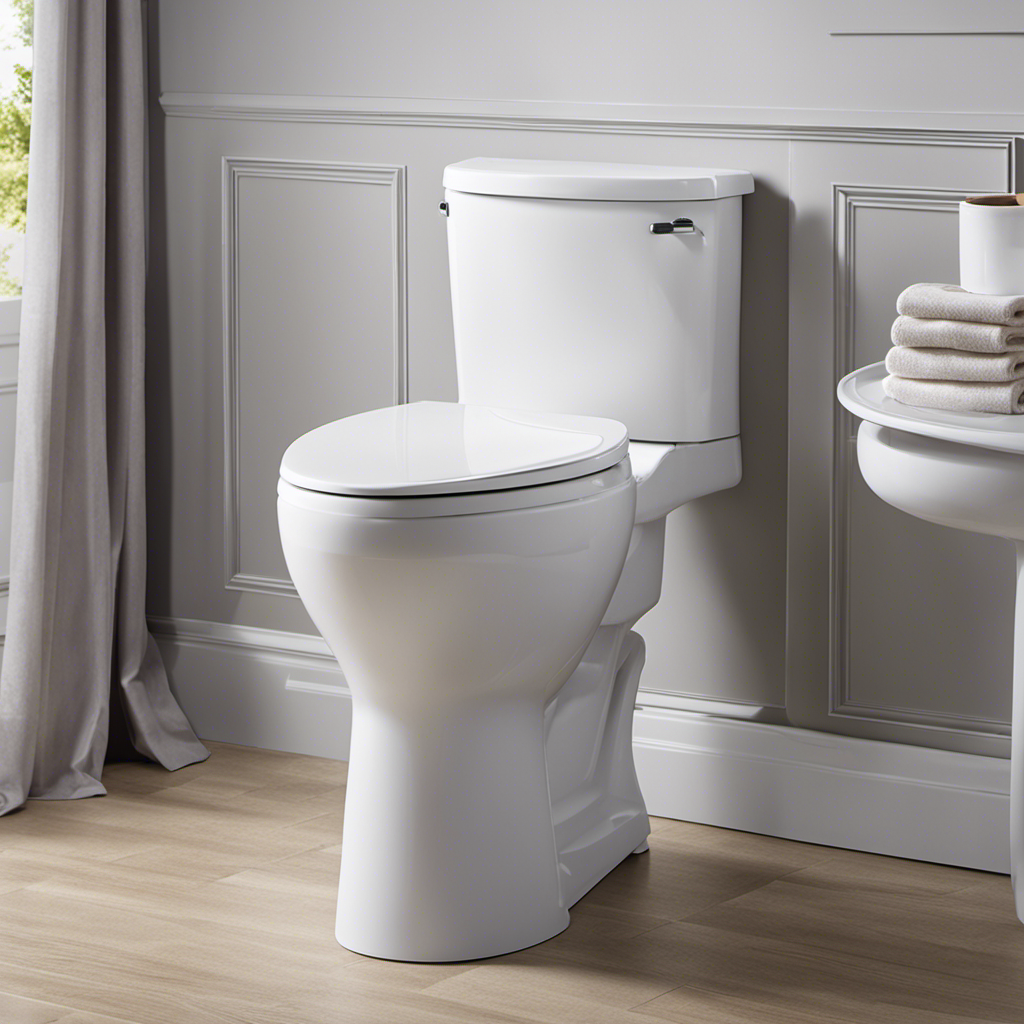 An image showcasing a person sitting on a chair height toilet, emphasizing the elevated seat height, wide bowl, and comfort