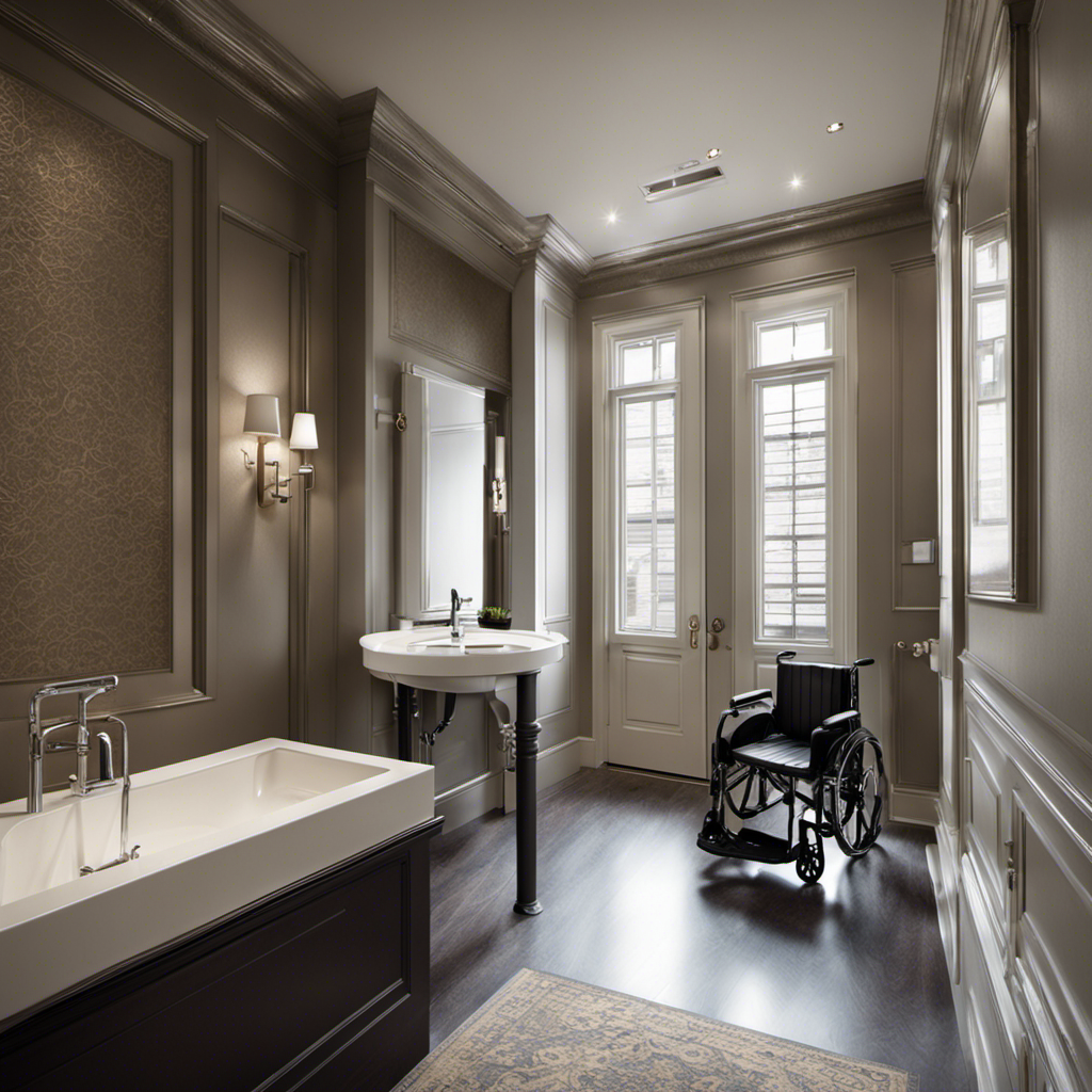 image capturing the perspective of a person standing in front of a handicap toilet, emphasizing the raised height of the seat, the grab bars on the sides, and the spacious area in front for wheelchair access