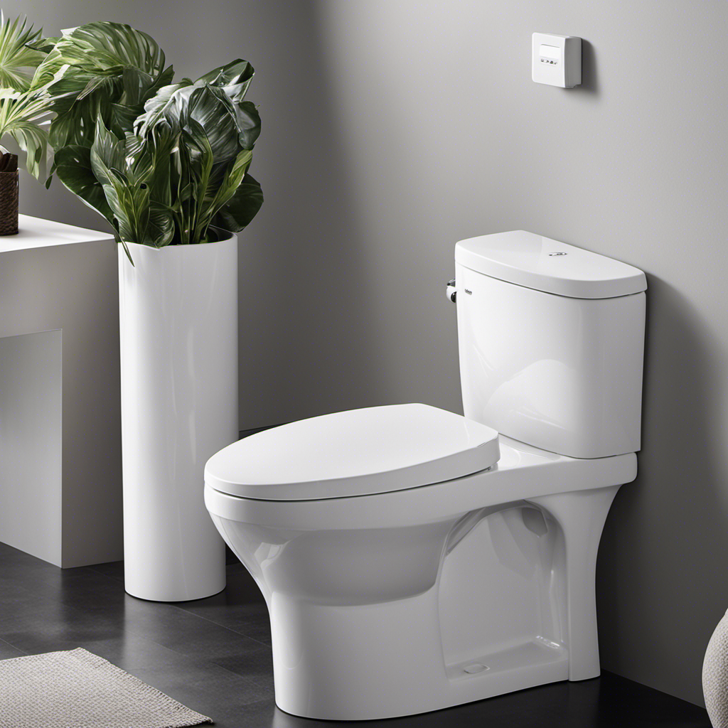 An image showcasing a close-up of a chair height toilet, capturing its elevated seat height and sleek design