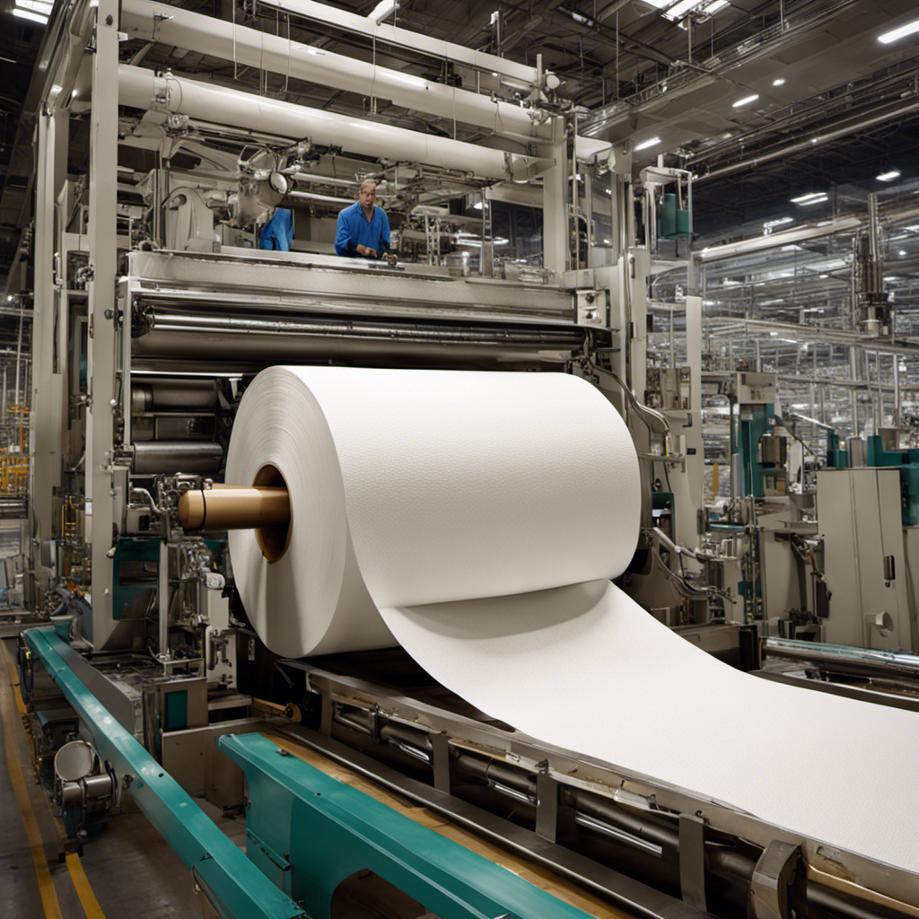An image capturing the intricate process of manufacturing toilet paper, showcasing towering machines seamlessly converting pulp into soft rolls, as workers monitor and package the final product in a bustling factory