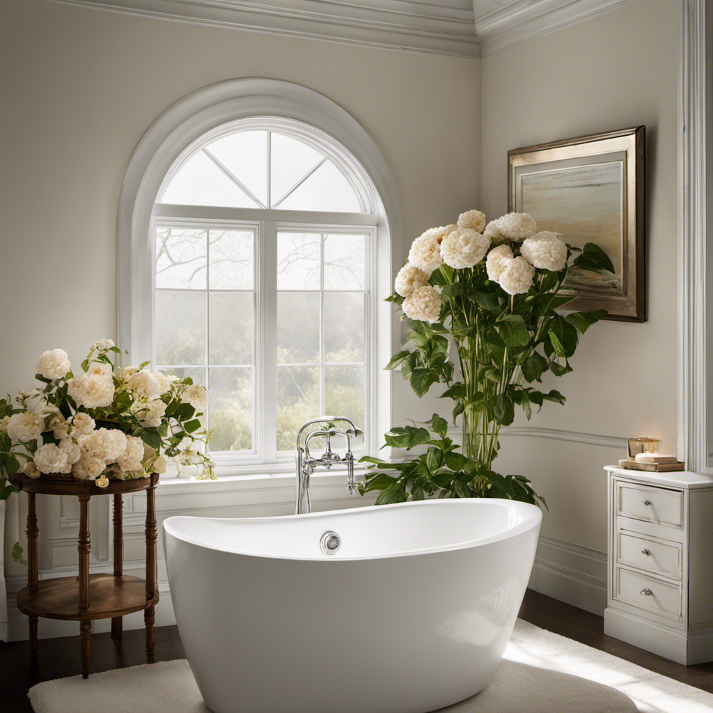 An image showcasing a serene bathroom scene with a freshly-refinished bathtub emitting faint traces of fumes, while a window adjacent to blooming flowers allows soft sunlight to filter in, depicting the duration of bathtub refinishing fumes