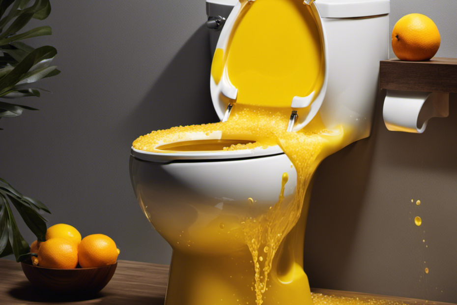 An image showcasing a sparkling clean toilet bowl with vinegar being poured into it, capturing the moment when the liquid swirls and fizzes, leaving a refreshing citrus scent in the air