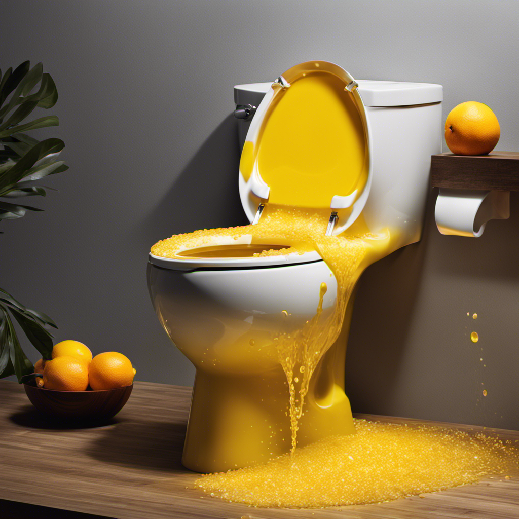 An image showcasing a sparkling clean toilet bowl with vinegar being poured into it, capturing the moment when the liquid swirls and fizzes, leaving a refreshing citrus scent in the air