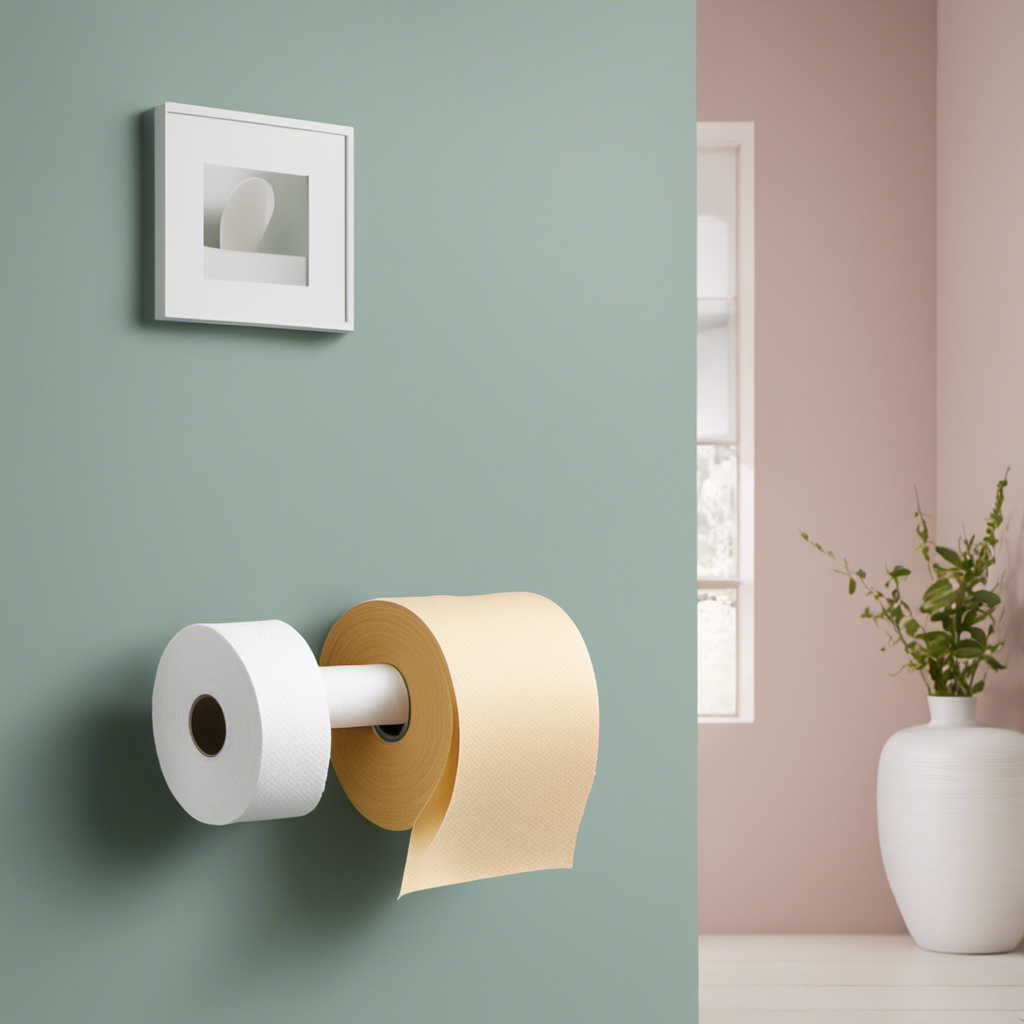 An image depicting a bathroom with soft, pastel-colored walls and a simple, white toilet paper roll holder