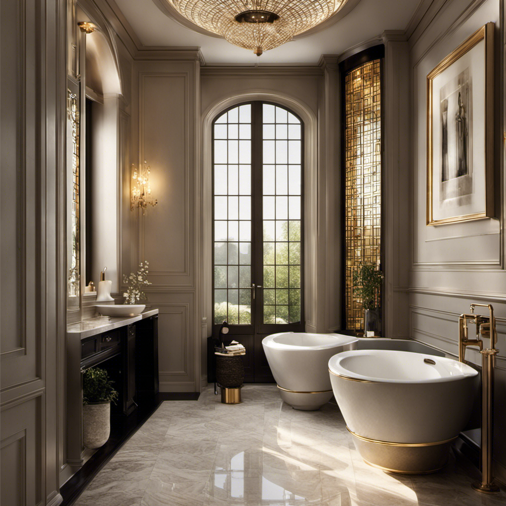 An image of a gleaming porcelain toilet, its smooth surface reflecting the warm glow of sunlight pouring through a bathroom window