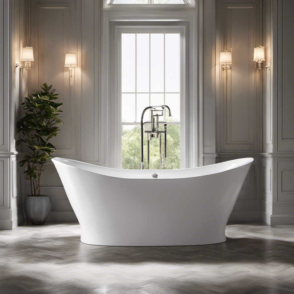 An image showcasing a newly reglazed bathtub, with its glossy surface reflecting the soft glow of a nearby window, while droplets of water delicately slide down its pristine white curves