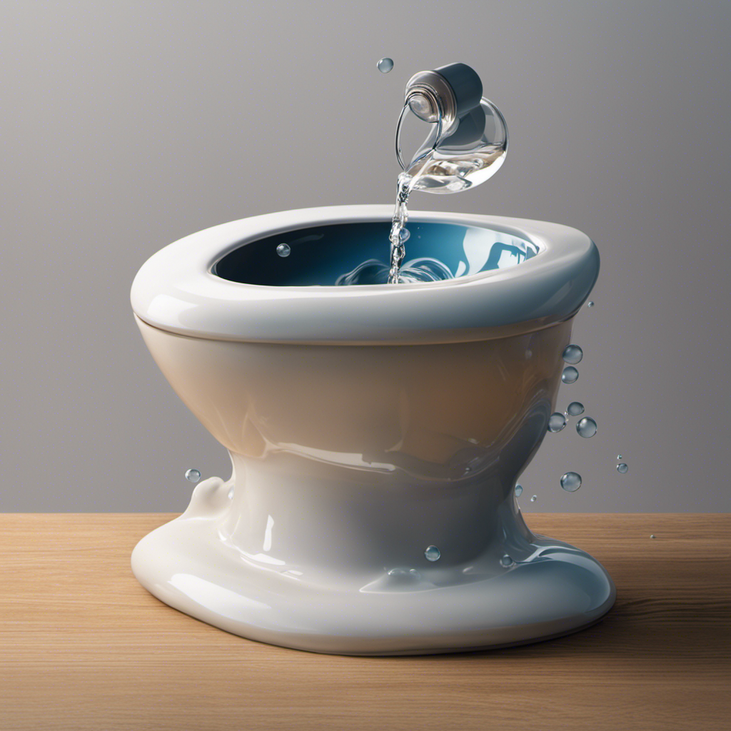 An image showcasing a porcelain toilet bowl filled with murky water, a bottle of dish soap gently pouring its contents into the bowl, while bubbles form and rise, symbolizing the unclogging process