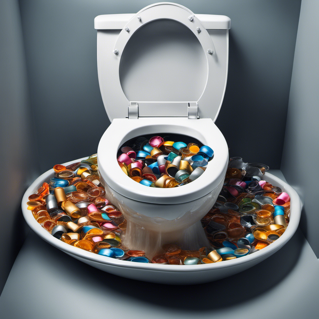 An image showcasing a toilet bowl filled with overflowing water, surrounded by multiple flushed condoms stuck in the drain, illustrating the potential consequences of flushing them