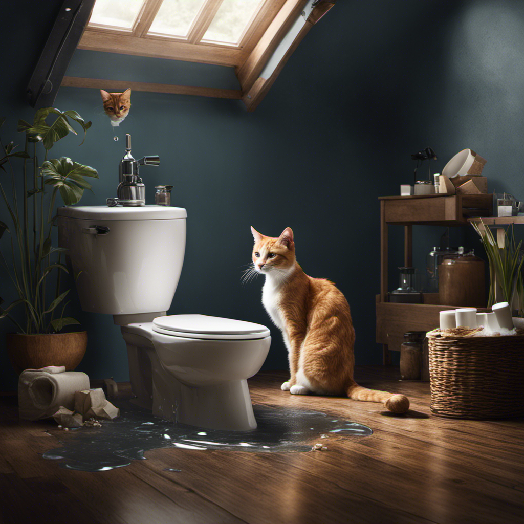 An image showcasing a toilet with overflowing water, litter granules gradually blocking the drain, and a frustrated cat owner desperately attempting to unclog it