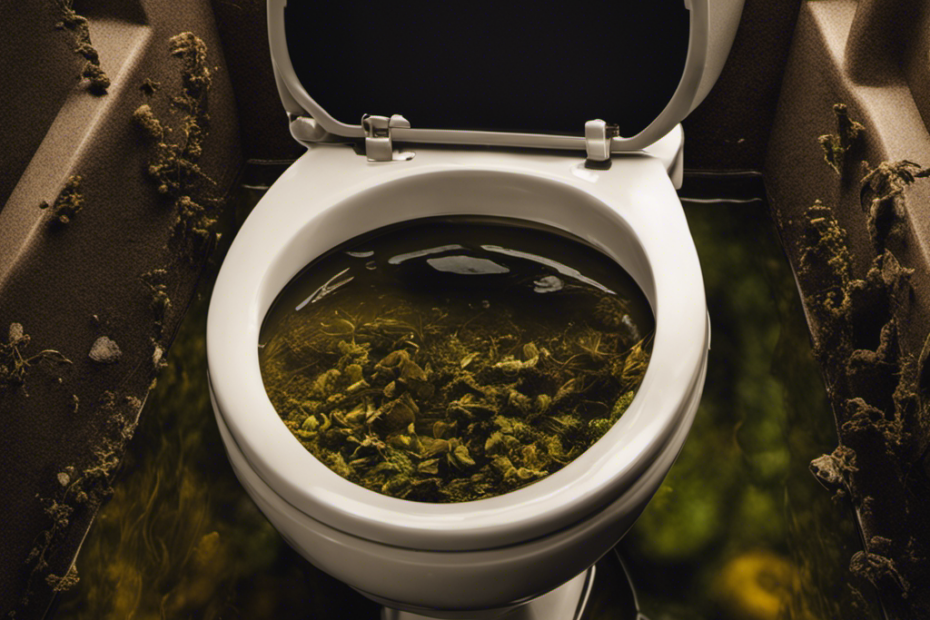 An image with a close-up view of a clogged toilet, showing the water level rising and a variety of objects slowly dissolving into the murky water, emphasizing the passage of time