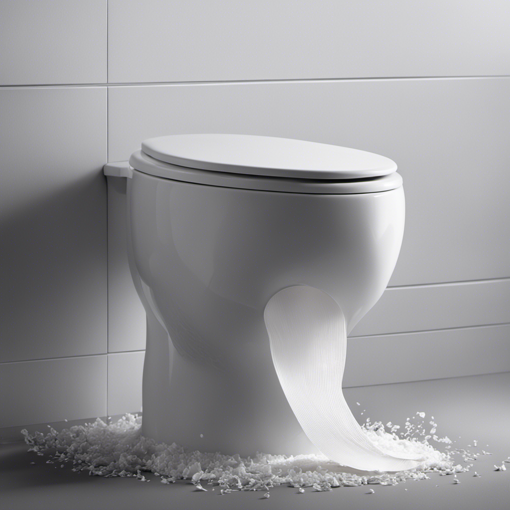 An image showcasing a pristine white porcelain toilet bowl filled with water, while a single sheet of toilet paper floats effortlessly on its surface, gradually disintegrating into delicate wisps