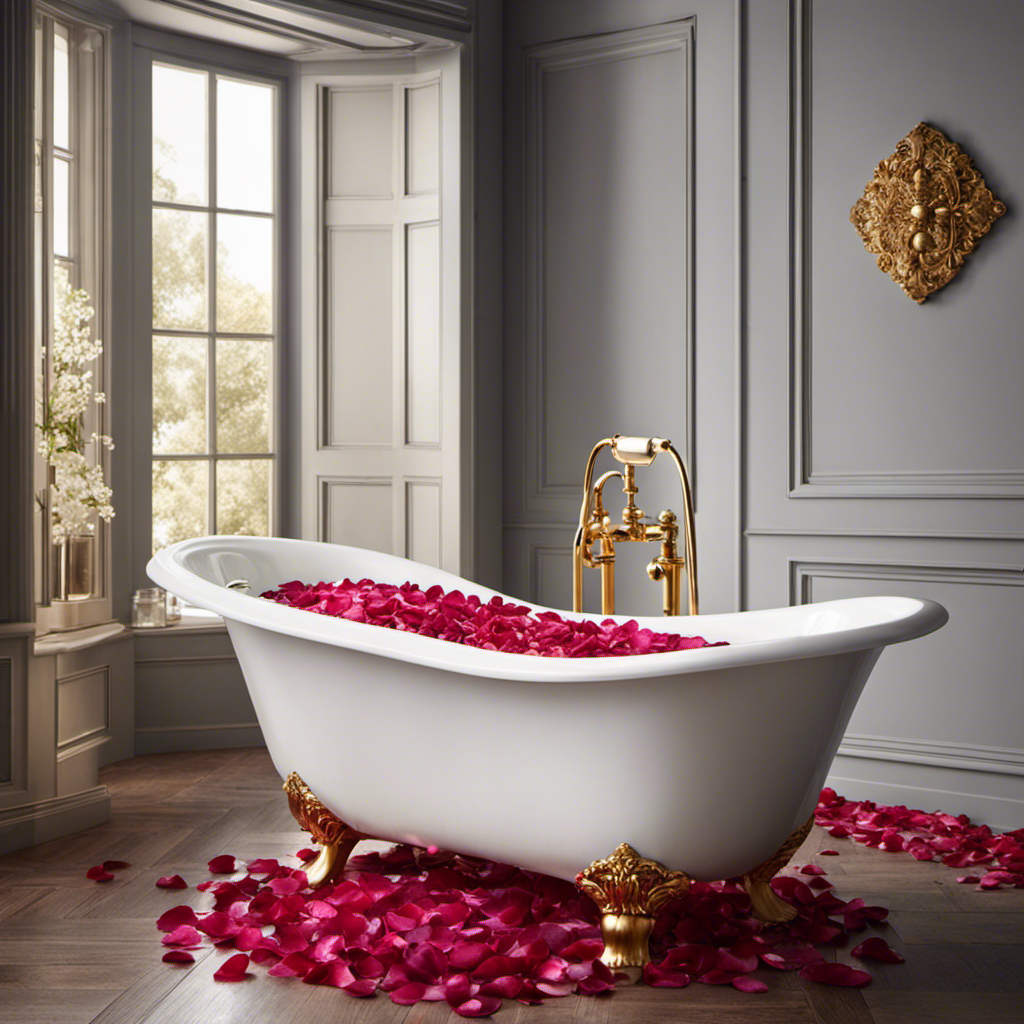 An image capturing the serene scene of a vintage clawfoot bathtub, adorned with rose petals, as crystal-clear water cascades from a golden faucet, gradually filling up the gleaming tub