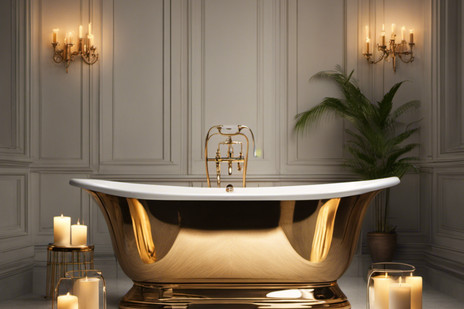 An image showcasing a serene bathroom scene, with a perfectly filled bathtub reflecting soft candlelight