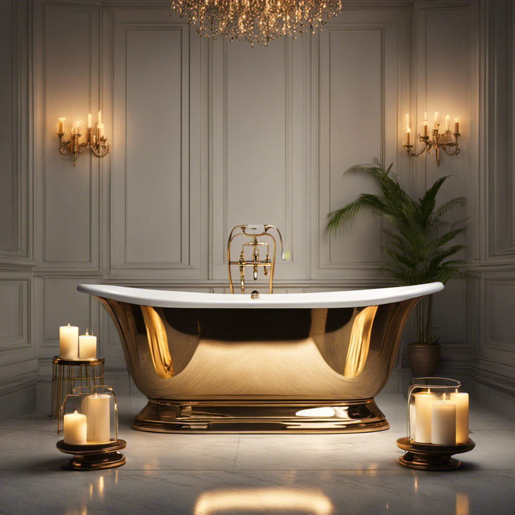 An image showcasing a serene bathroom scene, with a perfectly filled bathtub reflecting soft candlelight