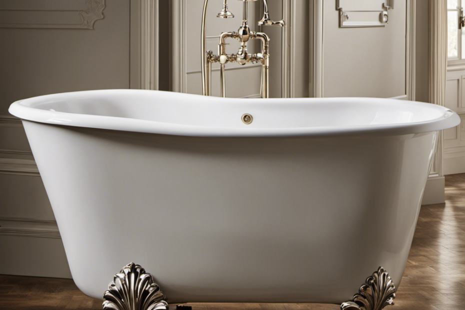 An image depicting a worn-out bathtub being meticulously stripped of its old finish, revealing layers of aged enamel, followed by a skillful restoration process, resulting in a gleaming, brand-new bathtub