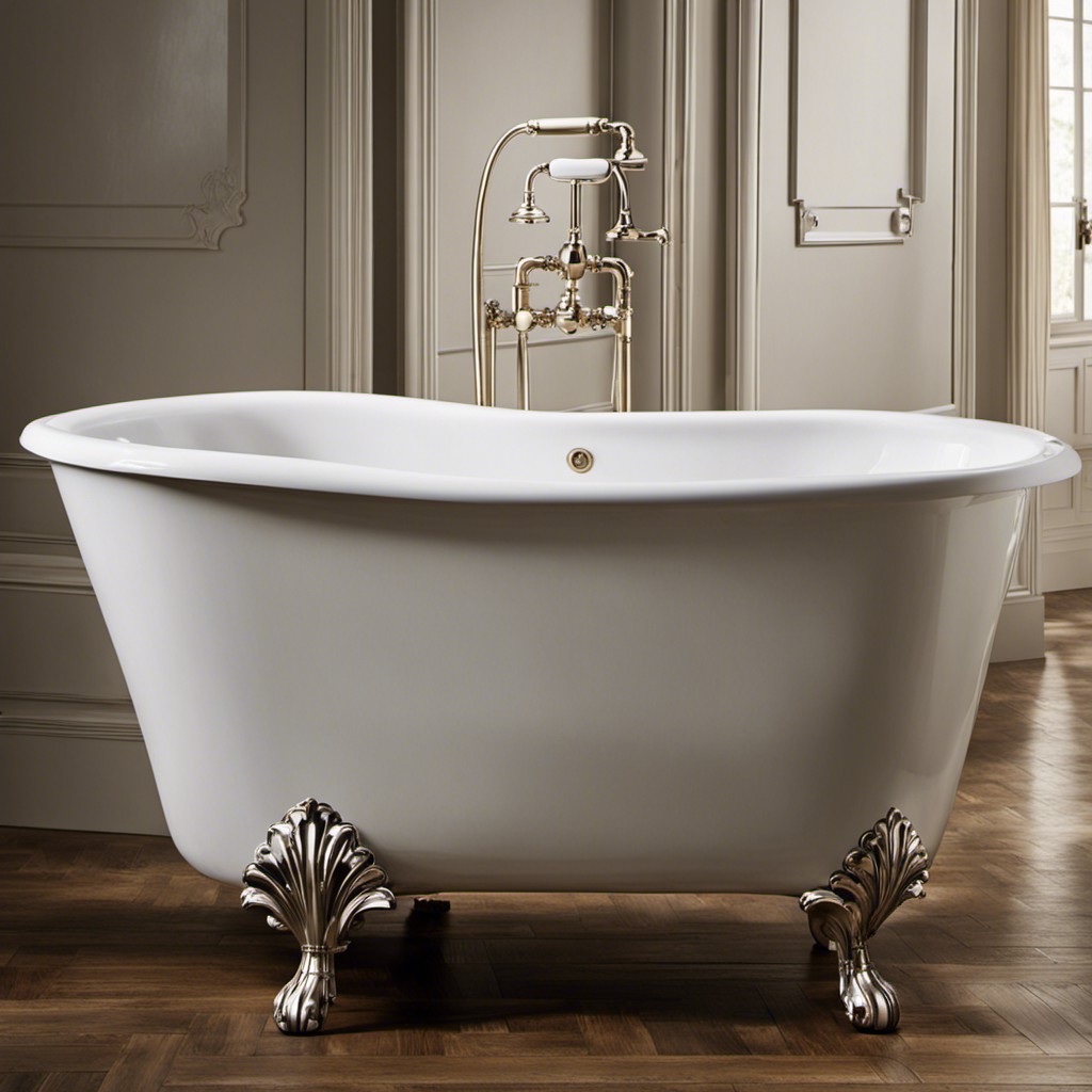 An image depicting a worn-out bathtub being meticulously stripped of its old finish, revealing layers of aged enamel, followed by a skillful restoration process, resulting in a gleaming, brand-new bathtub