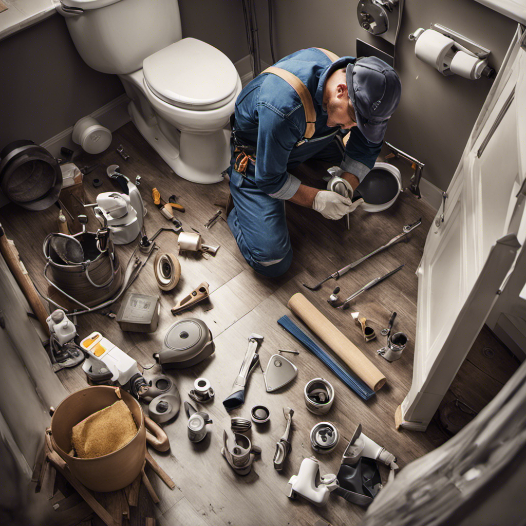 An image featuring a close-up view of a bathroom floor with scattered tools, a detached toilet, and a person wearing overalls kneeling down, focused on installing a new toilet