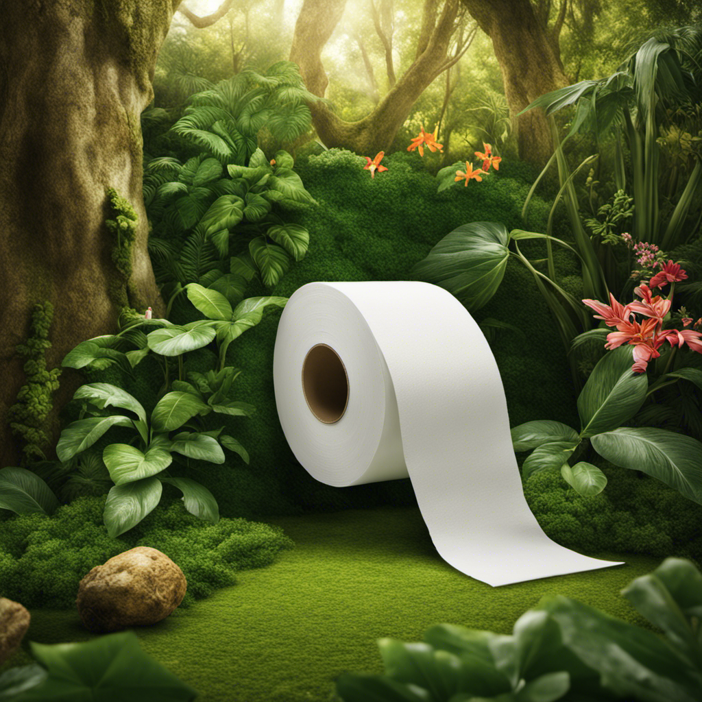 An image showcasing a fresh roll of toilet paper placed in a lush, green outdoor setting