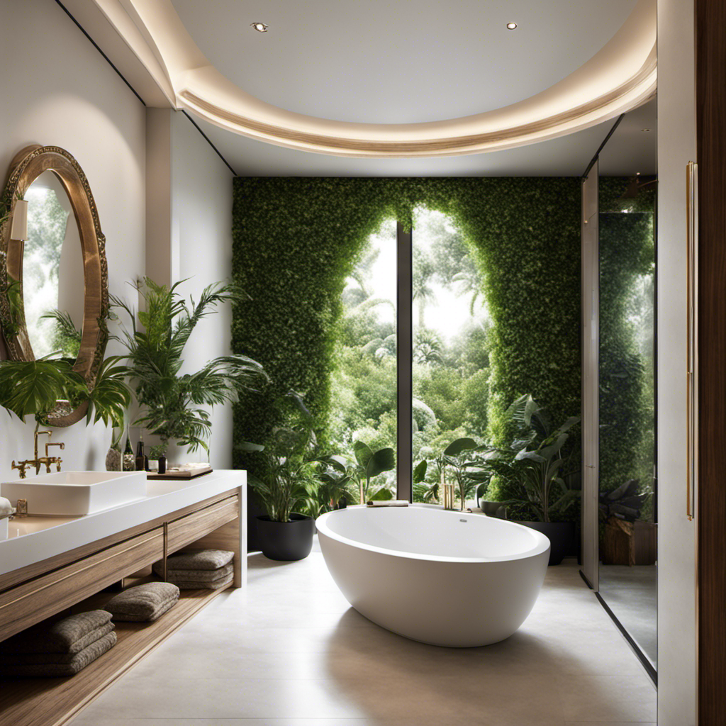 An image showcasing a luxurious bathroom with a spacious oval bathtub, elegantly adorned with gleaming white porcelain, stretching from wall to wall