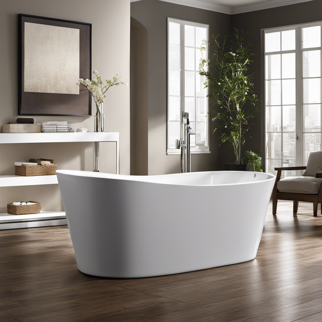 An image that showcases the dimensions of a standard bathtub, capturing its elongated shape, smooth porcelain surface, and the generous depth that comfortably accommodates a person's reclined position