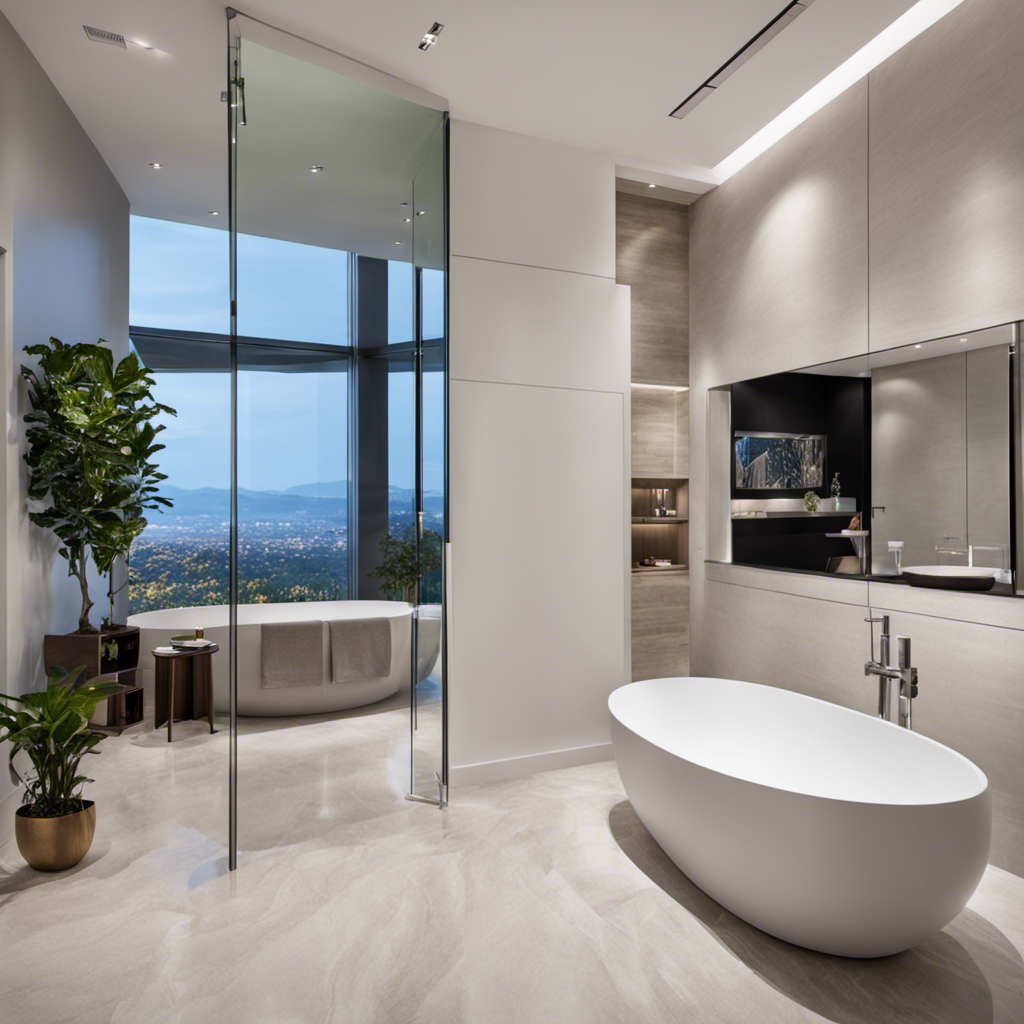 An image showcasing a spacious bathroom with a sleek, white, freestanding bathtub positioned against the far wall