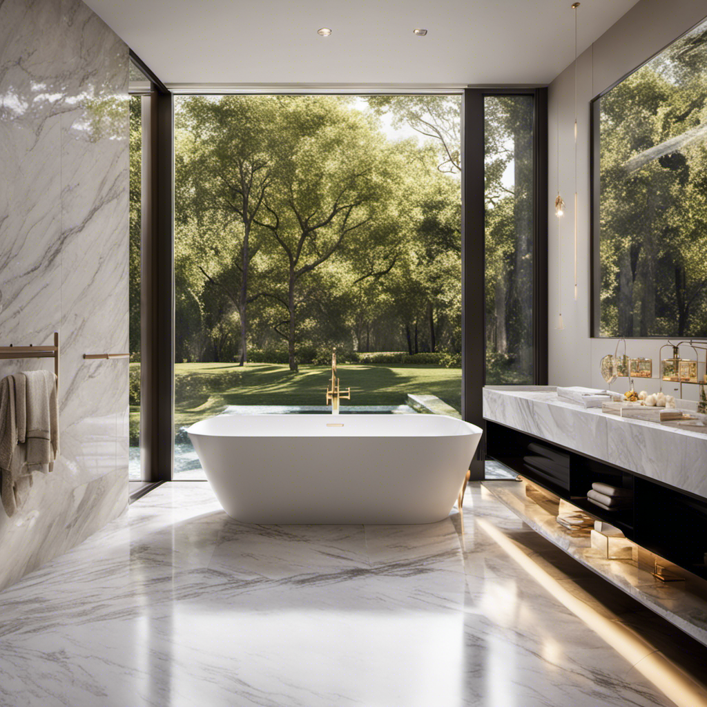 An image showcasing a spacious bathroom, with a modern freestanding bathtub positioned under a large window