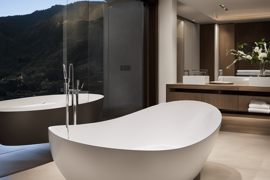 An image showcasing a spacious bathroom with a sleek, modern, white porcelain bathtub