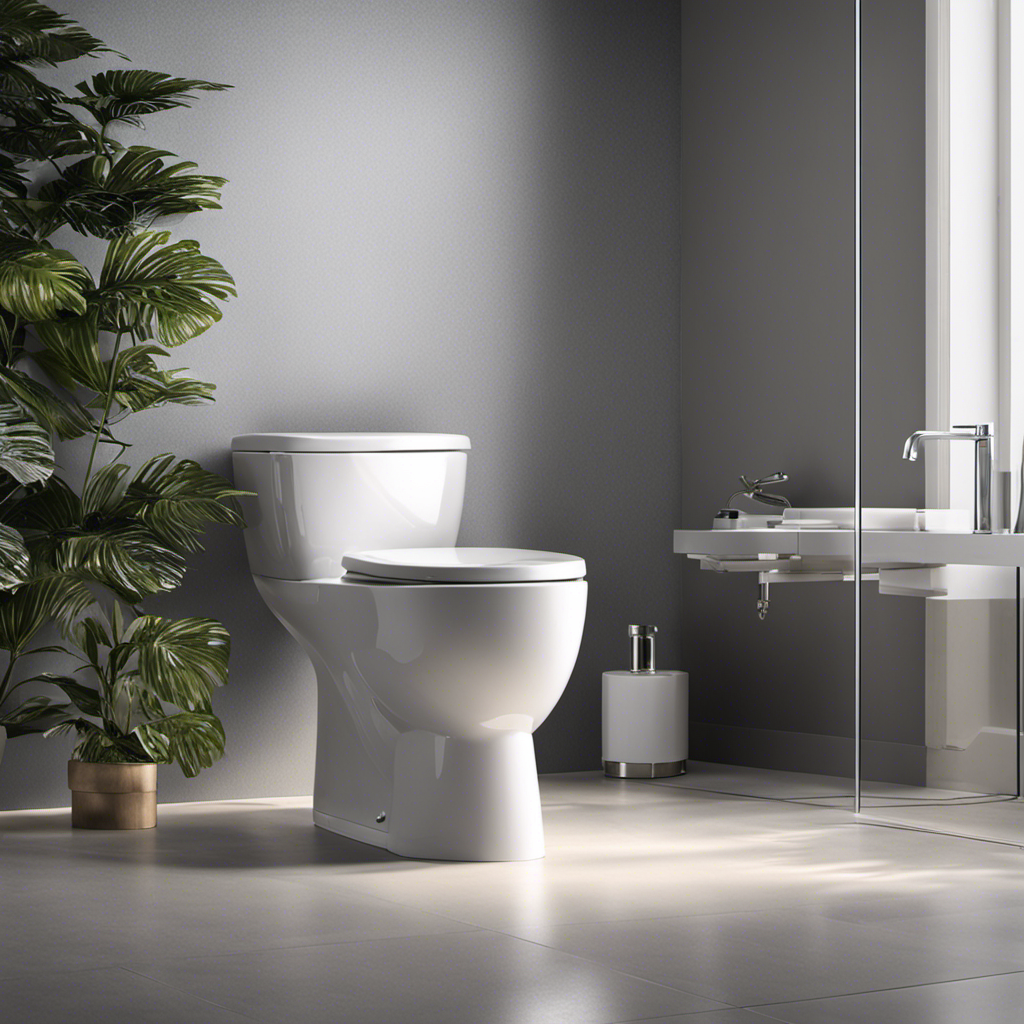 An image showcasing a modern bathroom with a toilet flushing