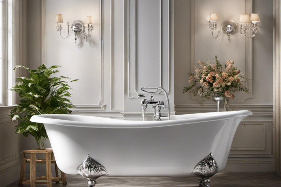 An image showing a serene bathroom scene, with a vintage clawfoot bathtub filled halfway with warm, frothy water
