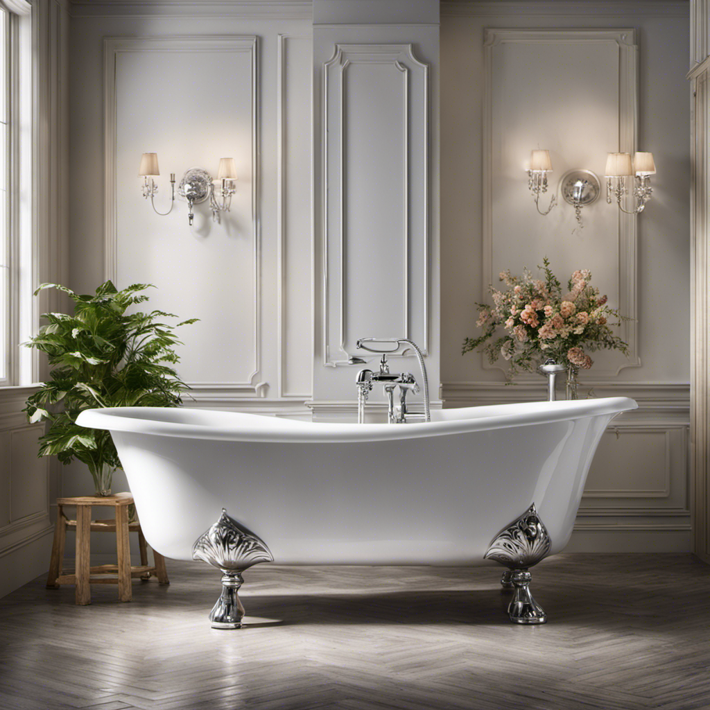 An image showing a serene bathroom scene, with a vintage clawfoot bathtub filled halfway with warm, frothy water