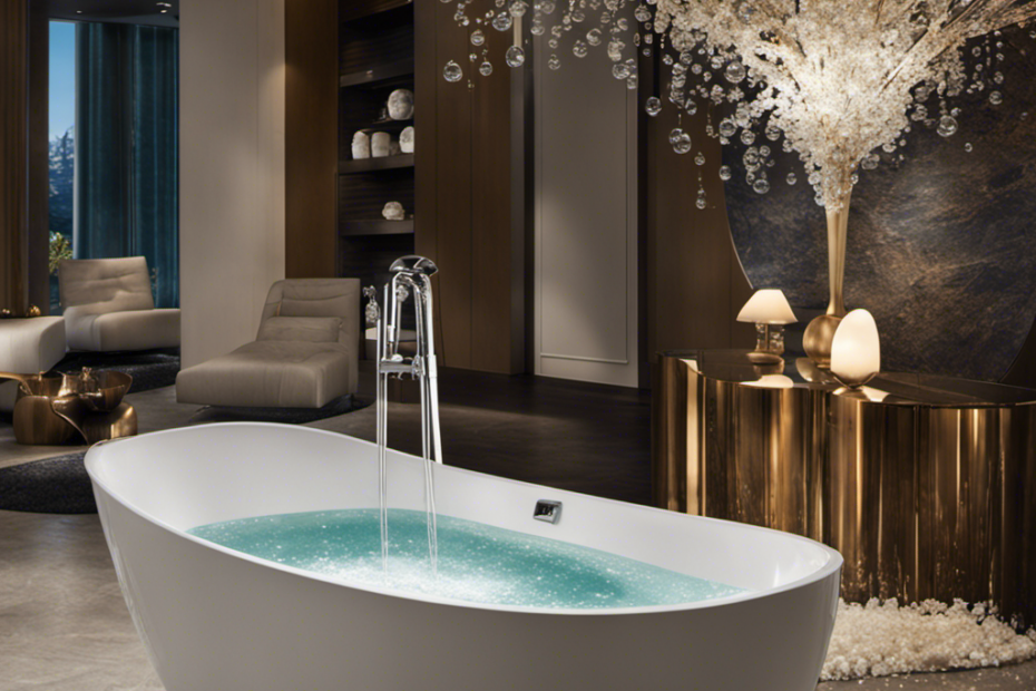 An image showcasing a serene bathroom scene with a full-sized bathtub brimming with shimmering water