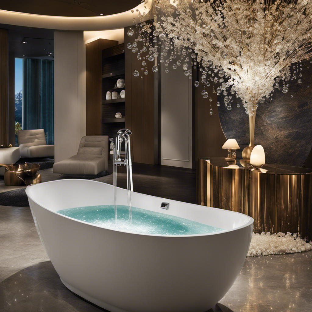 An image showcasing a serene bathroom scene with a full-sized bathtub brimming with shimmering water