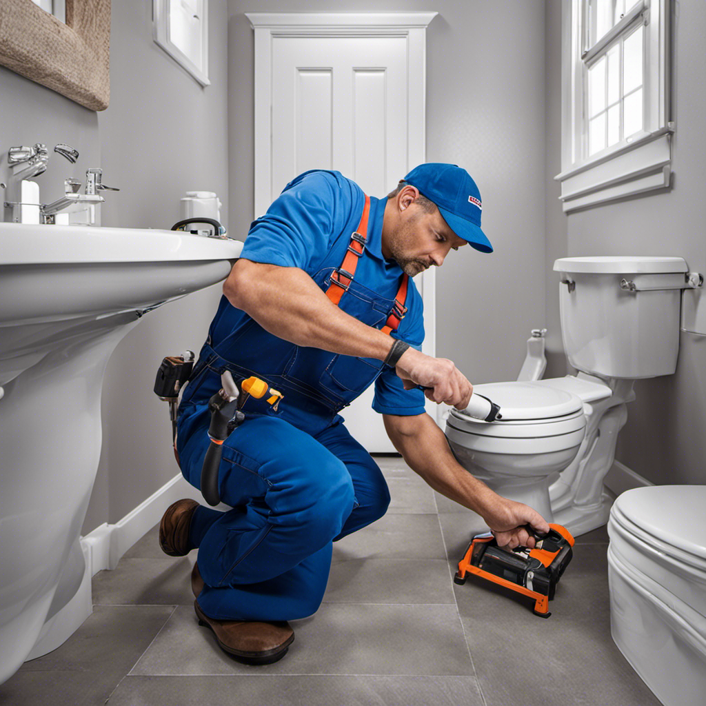 An image capturing the step-by-step process of installing a toilet: a plumber in blue overalls measuring and cutting PVC pipes, carefully aligning ceramic fixtures, and finally tightening bolts with a wrench