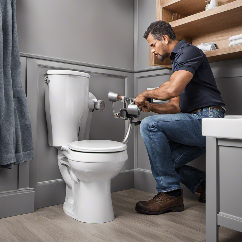 An image depicting a skilled plumber installing a toilet in a bathroom, showcasing the step-by-step process from unpacking the parts and assembling them to connecting the pipes and securing the fixture, all with precision and expertise