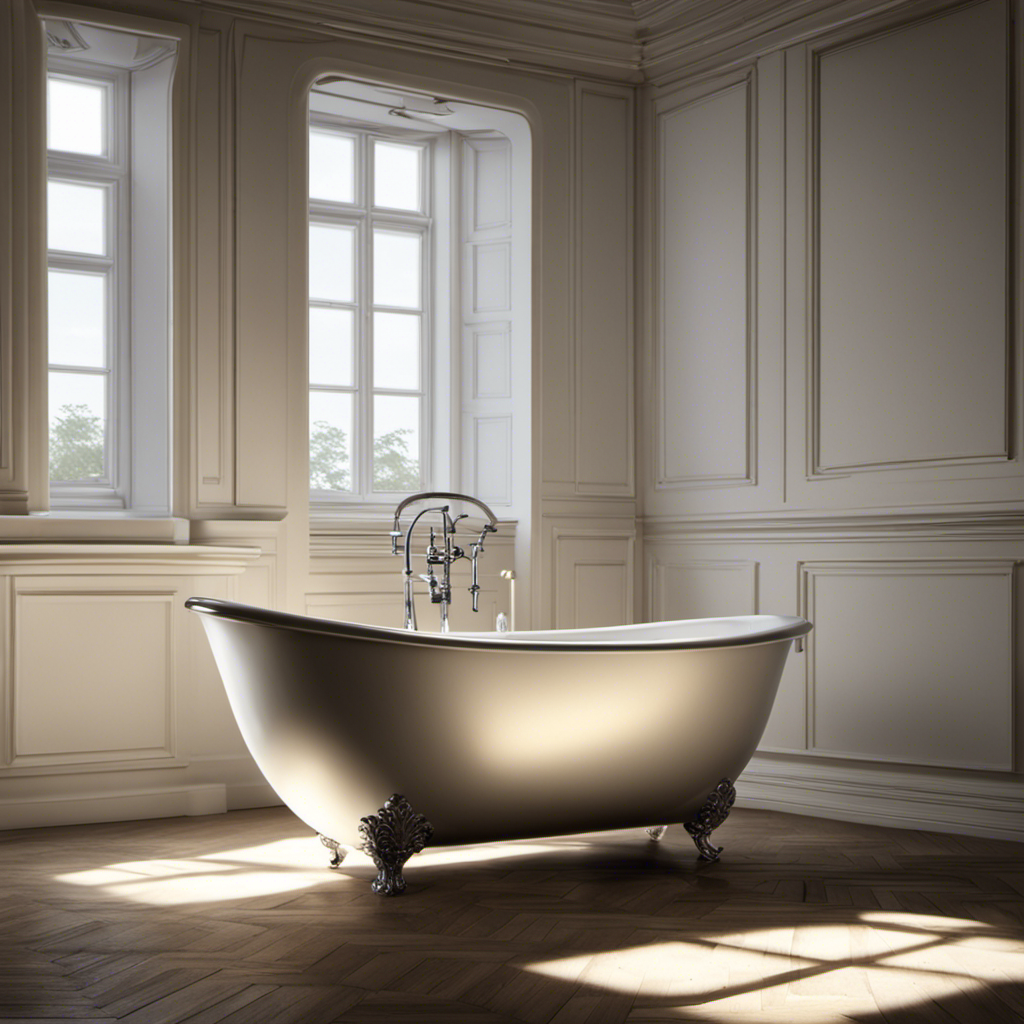 An image capturing a pristine white bathtub, filled with water and reflecting a soft glow, as a stopwatch hovers above