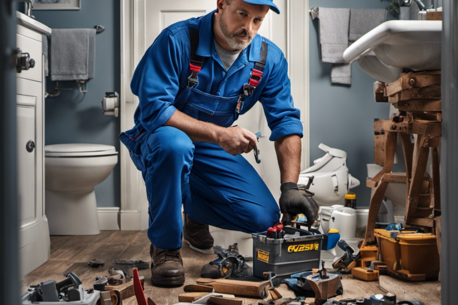 An image capturing a plumber wearing blue overalls, kneeling on a bathroom floor