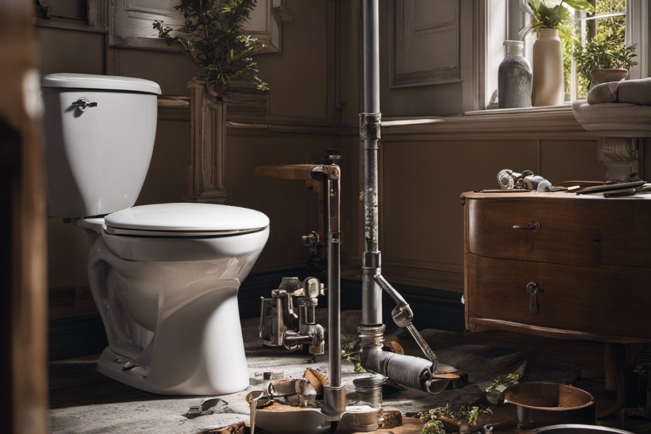 An image showcasing a bathroom with a partially dismantled toilet, revealing tools like a wrench and plunger nearby