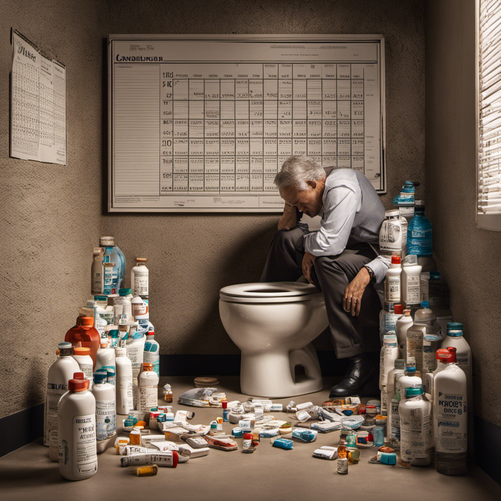 An image showcasing a person sitting on a toilet, surrounded by an array of empty laxative bottles, a stopwatch by their side, and a calendar on the wall marking the date