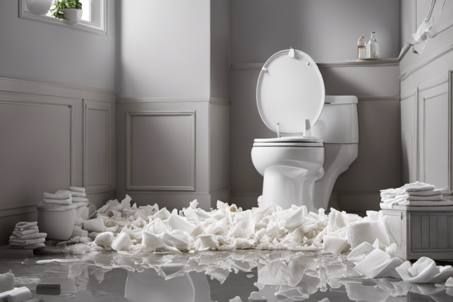 An image showcasing a clogged toilet with an overflowing mess of baby wipes, causing water to flood the bathroom floor