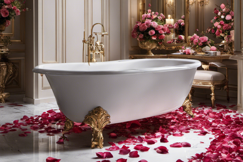An image capturing the essence of a luxurious, marble-clad bathroom, adorned with fragrant rose petals scattered across the water's surface, evoking curiosity about the tragic history of celebrities who have met their demise in bathtubs