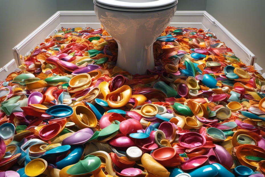 An image capturing a close-up view of a toilet bowl, filled to the brim with an absurd number of condoms, forming a colorful and tangled mess, ready to cause havoc