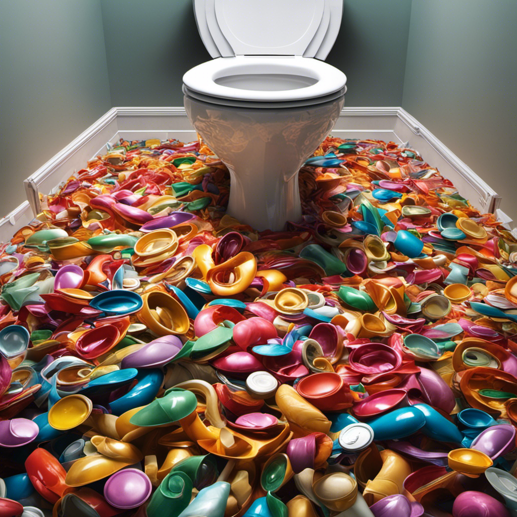 An image capturing a close-up view of a toilet bowl, filled to the brim with an absurd number of condoms, forming a colorful and tangled mess, ready to cause havoc