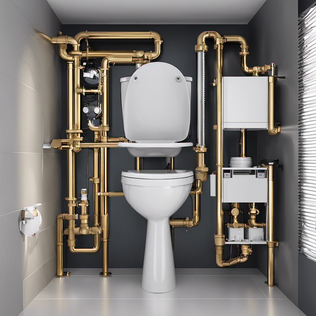 An image showcasing a plumbing diagram with a toilet connected to a system of pipes, clearly illustrating the precise number of fixture units allocated to a toilet in a building's plumbing system