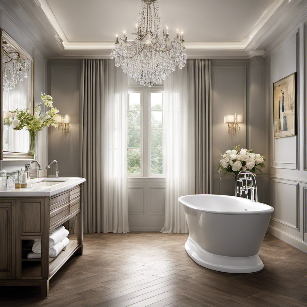 An image showcasing a serene bathroom scene, featuring a luxurious standard bathtub filled with crystal-clear water