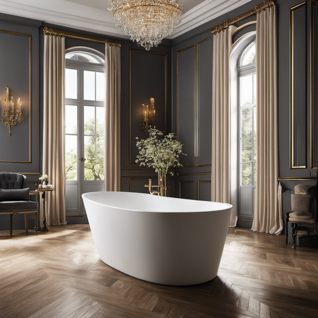 An image showcasing a serene bathroom scene with a luxurious, freestanding bathtub filled to the brim with clear water, exuding elegance and relaxation