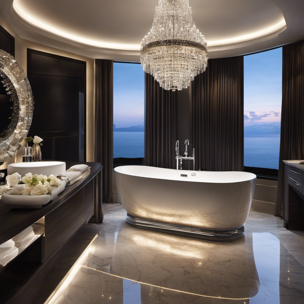 An image capturing the essence of a spacious, luxurious bathroom, showcasing a sleek, freestanding bathtub brimming with crystal-clear water, reflecting the soft glow of ambient lighting