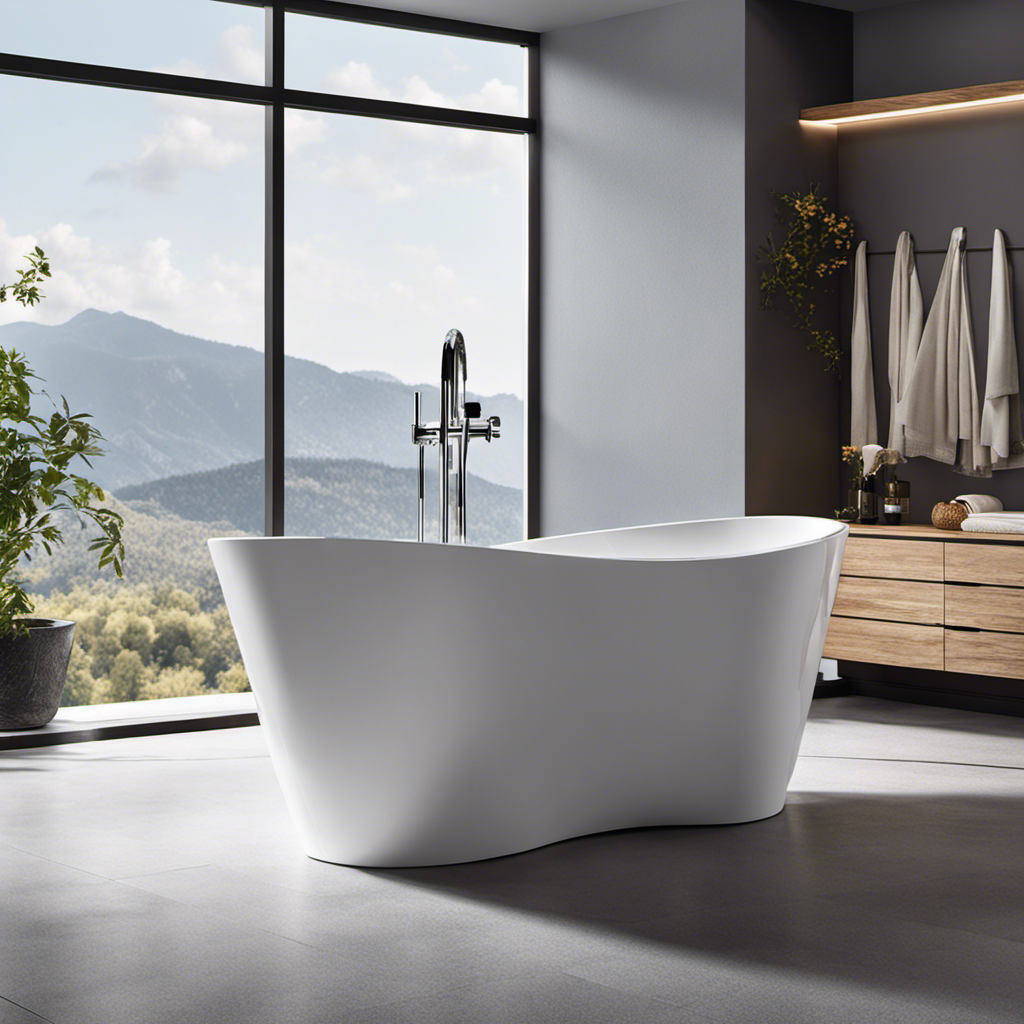 An image that showcases a spacious white bathtub, elegantly designed with a sleek curved edge, filled to the brim with crystal-clear water, conveying its capacity to hold an impressive volume of gallons
