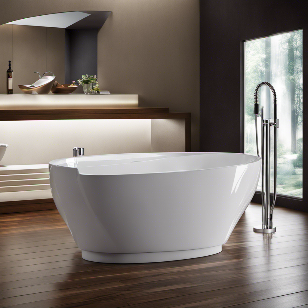 An image showcasing a sleek, white porcelain bathtub brimming with crystal-clear water, reflecting soft ambient light