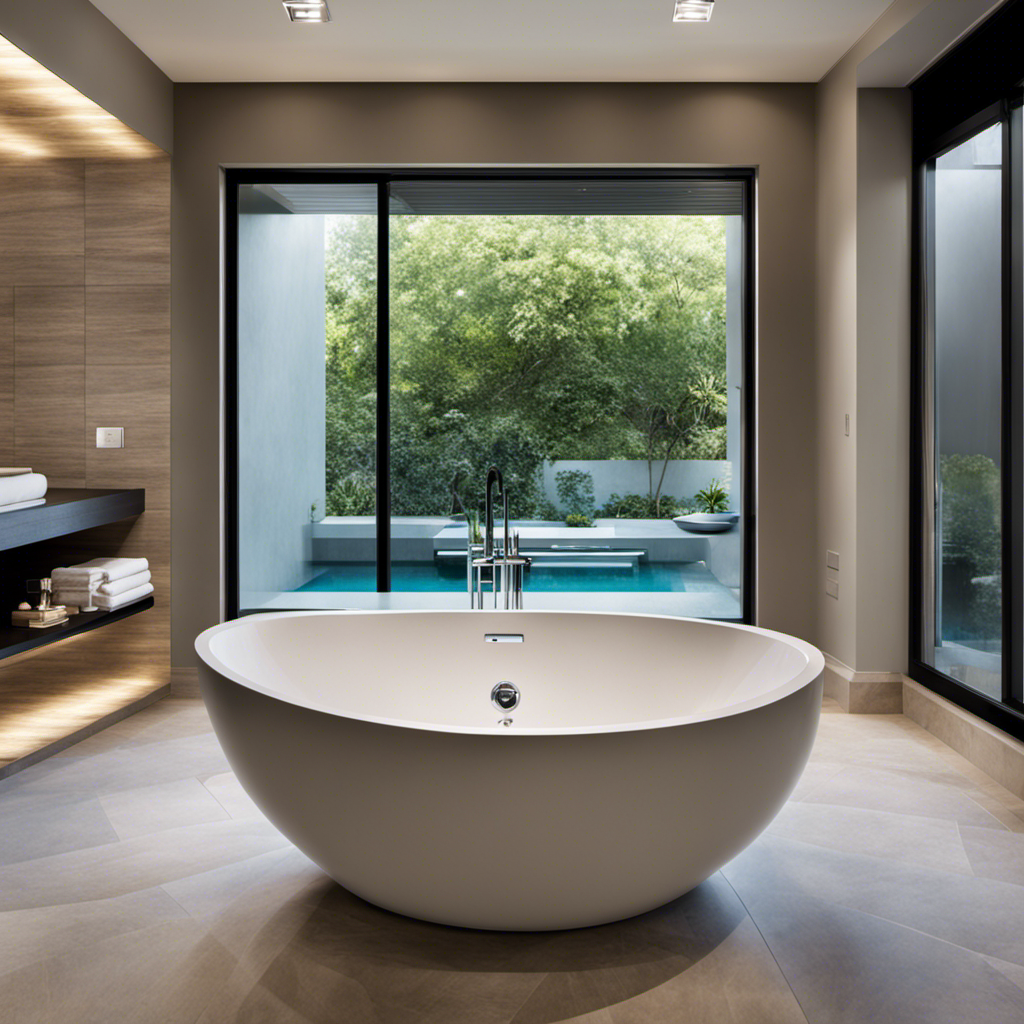 An image showcasing a luxurious, freestanding bathtub filled with crystal-clear water