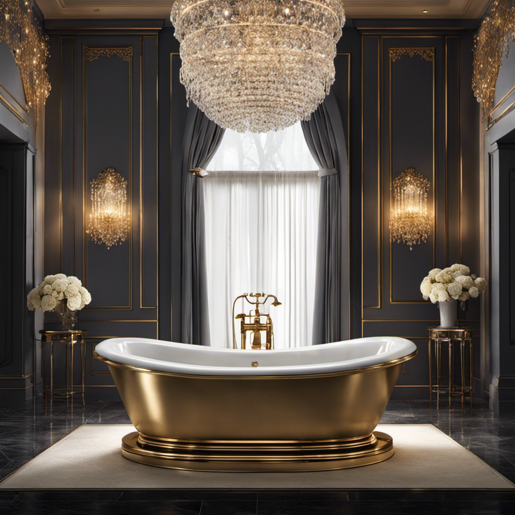 An image showcasing a luxurious bathtub filled to the brim with crystal clear water, reflecting the soft glow of candlelight, evoking a sense of relaxation and curiosity about the precise number of gallons required to fill it